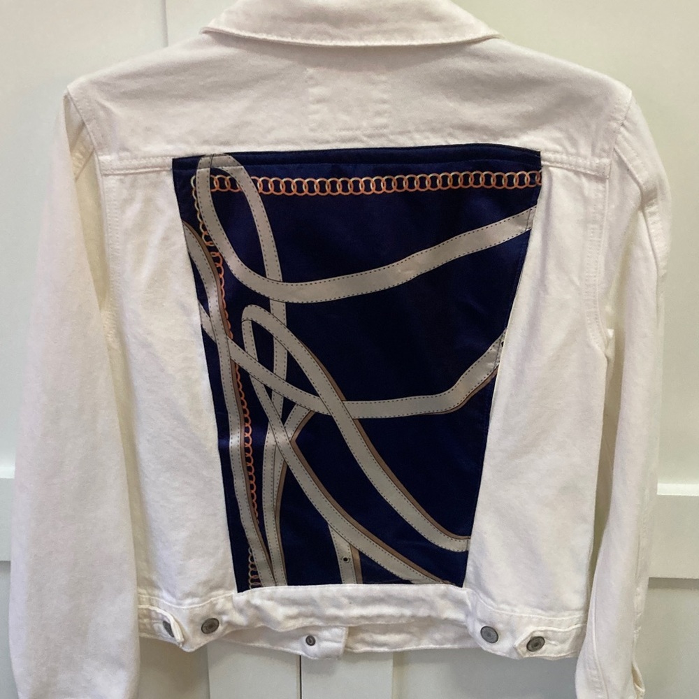 Lucky Brand White Jean Jacket with Navy and Silver Equestrian design.